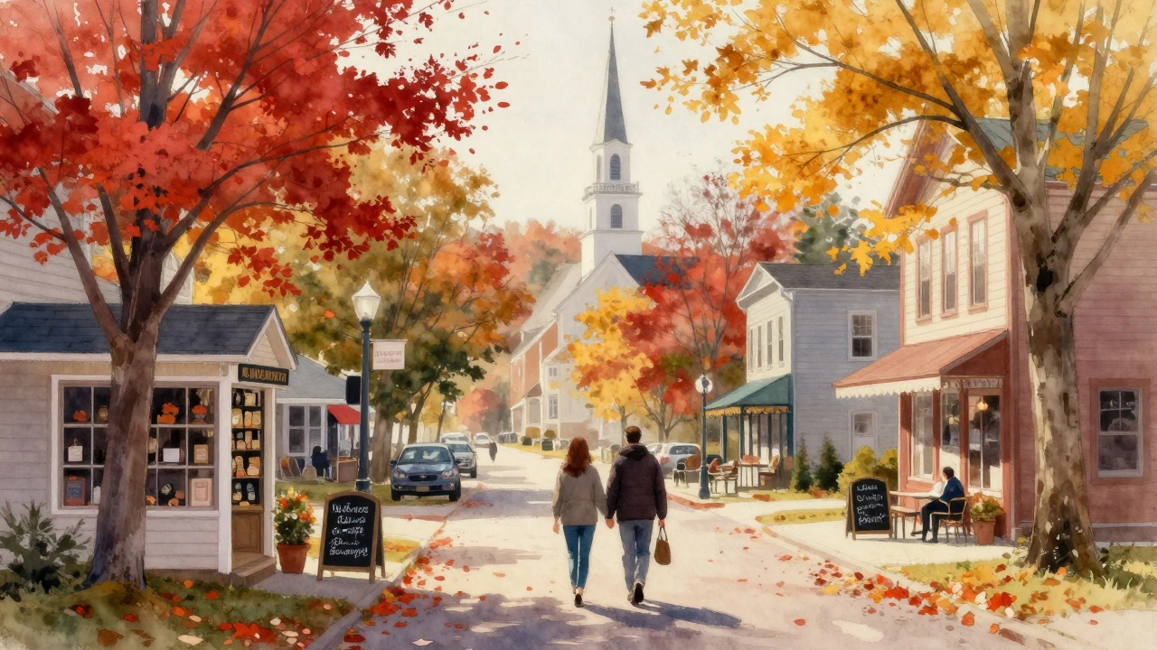 Two people walking hand-in-hand through a quiet Vermont autumn town with bookstores and falling leaves.