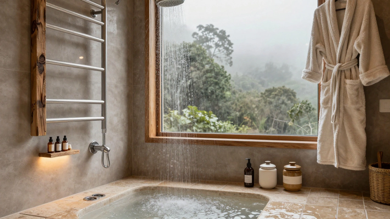 A luxurious bathroom in a glamping cottage with rainfall shower, heated towel rails, and organic bath products beside a window overlooking trees.