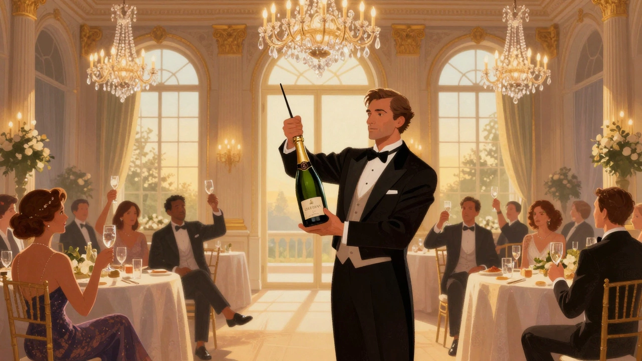 A St. Regis butler sabering champagne at 5 p.m. in a grand ballroom with crystal chandeliers.