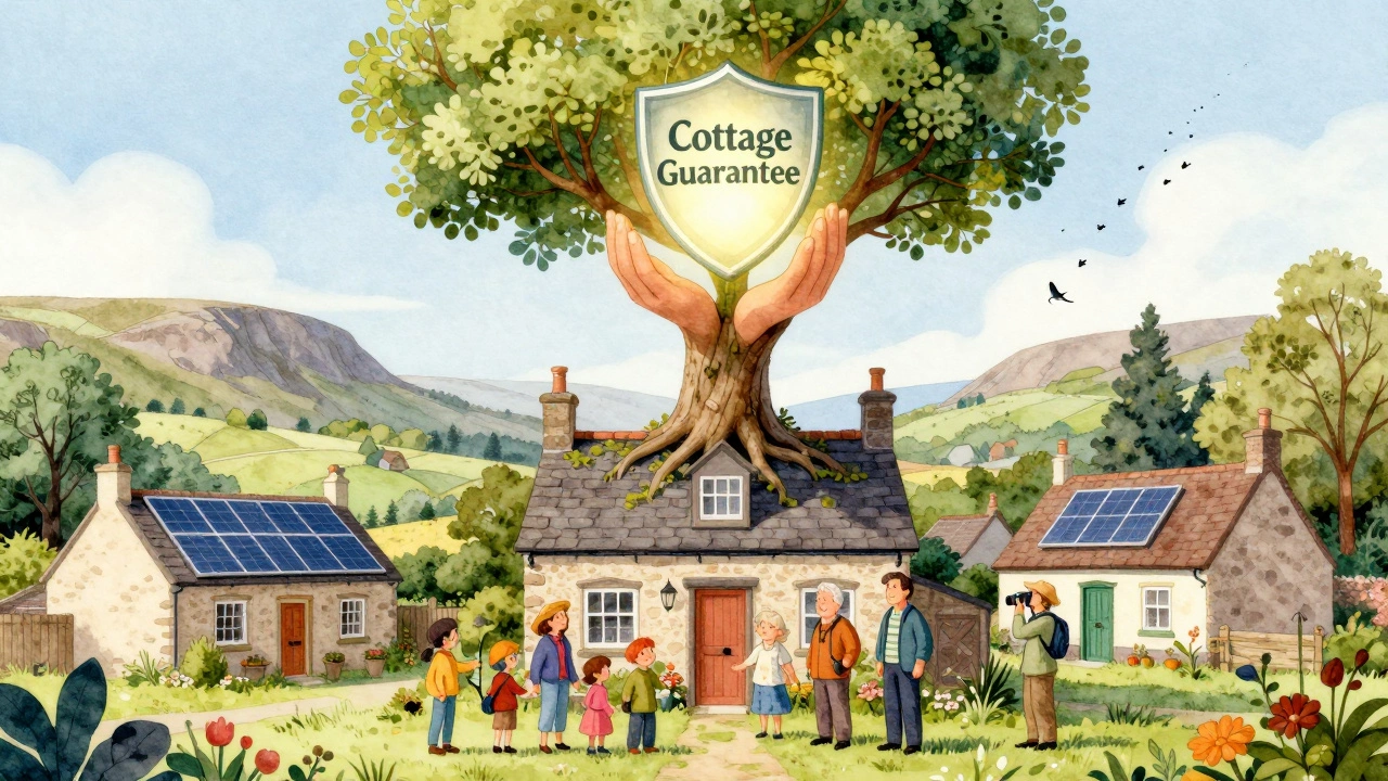 A watercolor-style cottage with a tree growing from its roof, forming hands that hold a guarantee shield, while guests enjoy rustic stays across the UK.