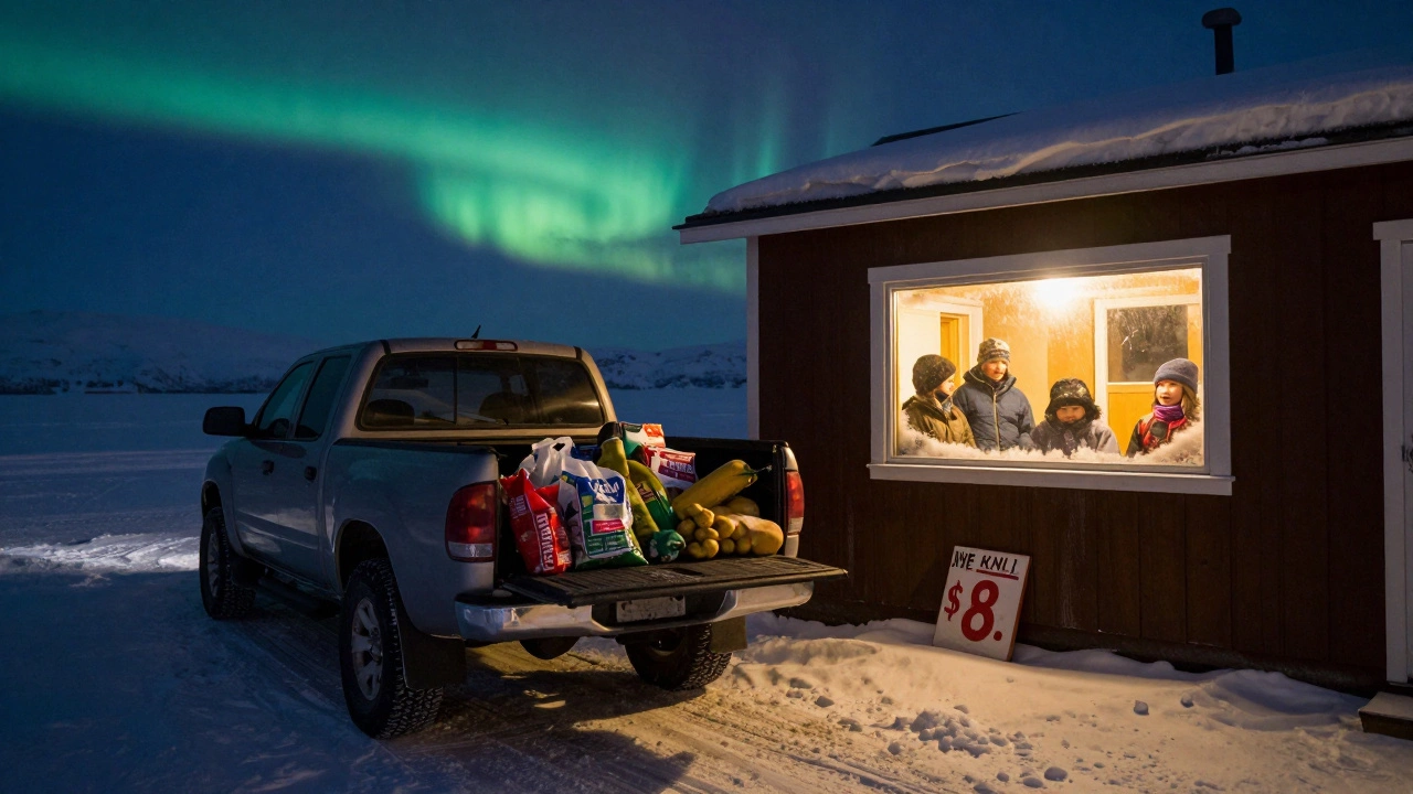 Alaskan cabin in snow with grocery bags and propane heater, showing extreme cost of essentials.