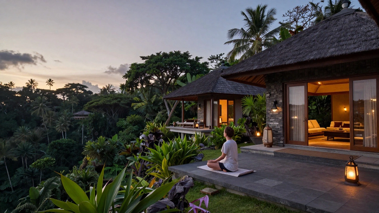 An Aman Resorts villa in Bali at twilight, with a solitary guest meditating on a stone terrace.