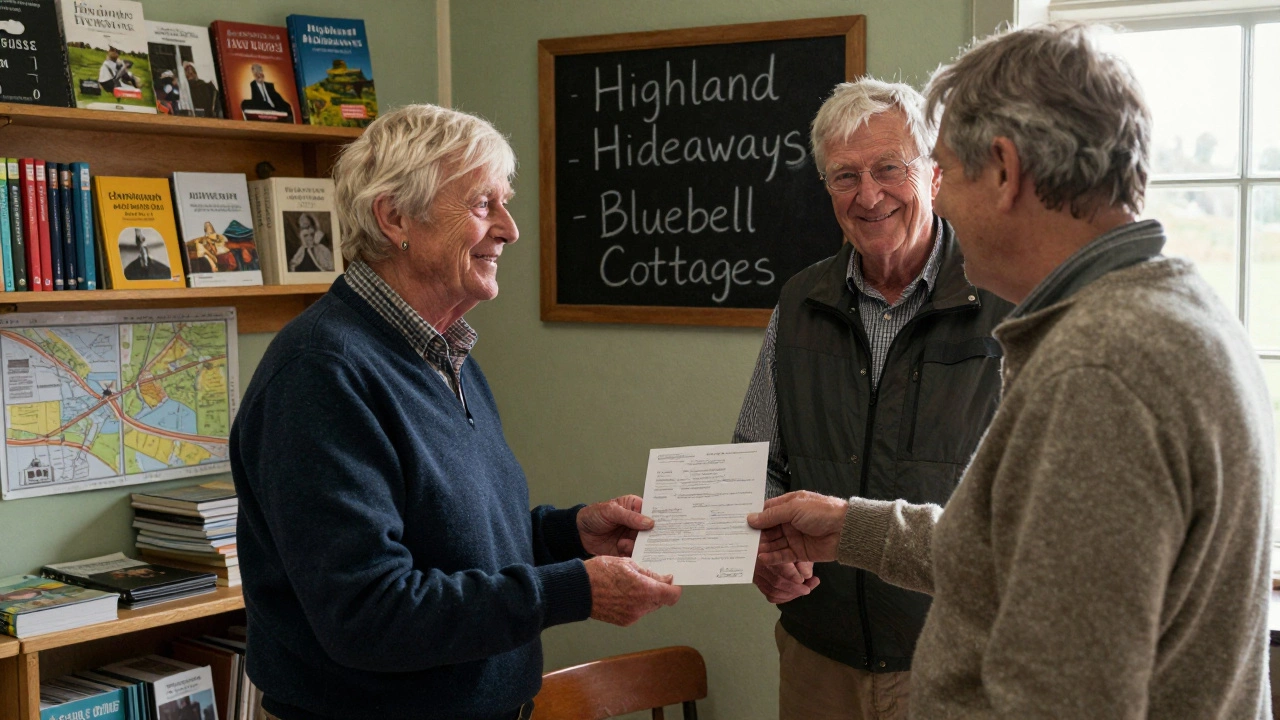 An elderly couple in a village hall handing a booking confirmation to a guest, with local cottage listings on a chalkboard behind them.