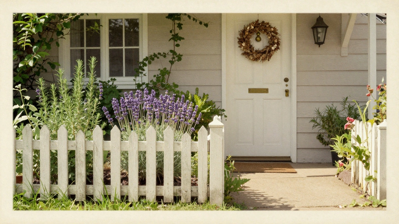Cottage garden with picket fence, herbs, and dried flower wreath.