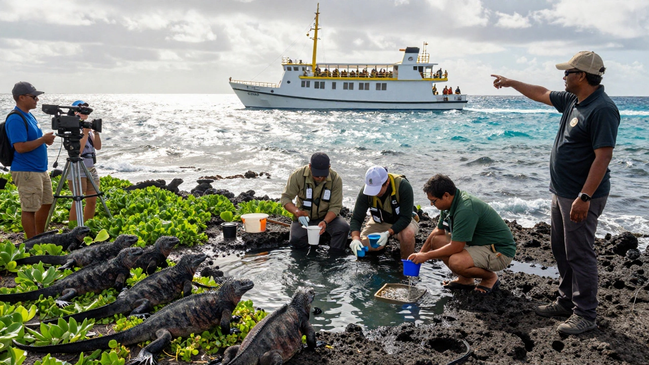 Expedition ship in Galápagos with scientists and travelers observing marine iguanas under natural sunlight.