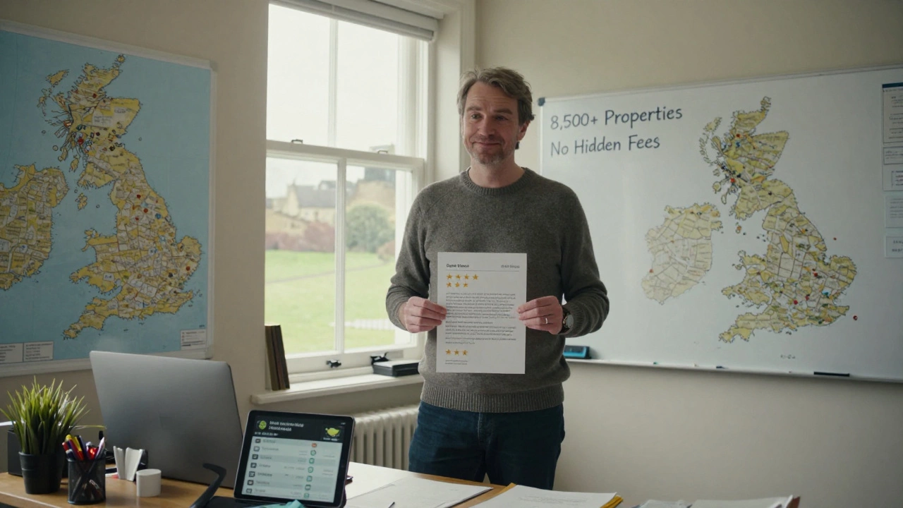 Mark Higson in a Bath office surrounded by UK maps and a whiteboard showing 8,500+ properties, holding a guest review with a 4.8-star rating.