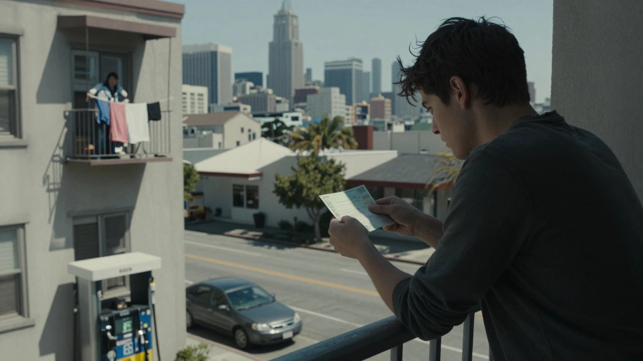 Person staring at rent bill on a San Francisco balcony, overlooking city and expensive gas prices.
