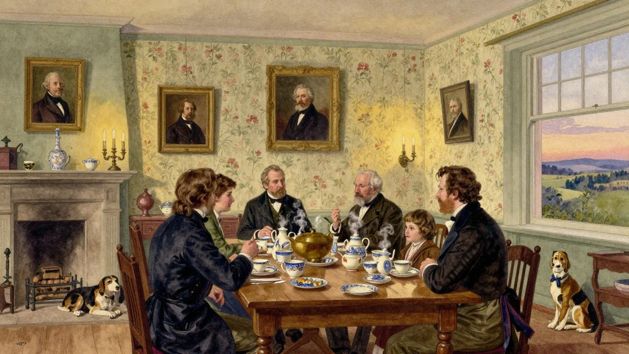 Shared dining room in a historic country estate with family and guests sharing tea