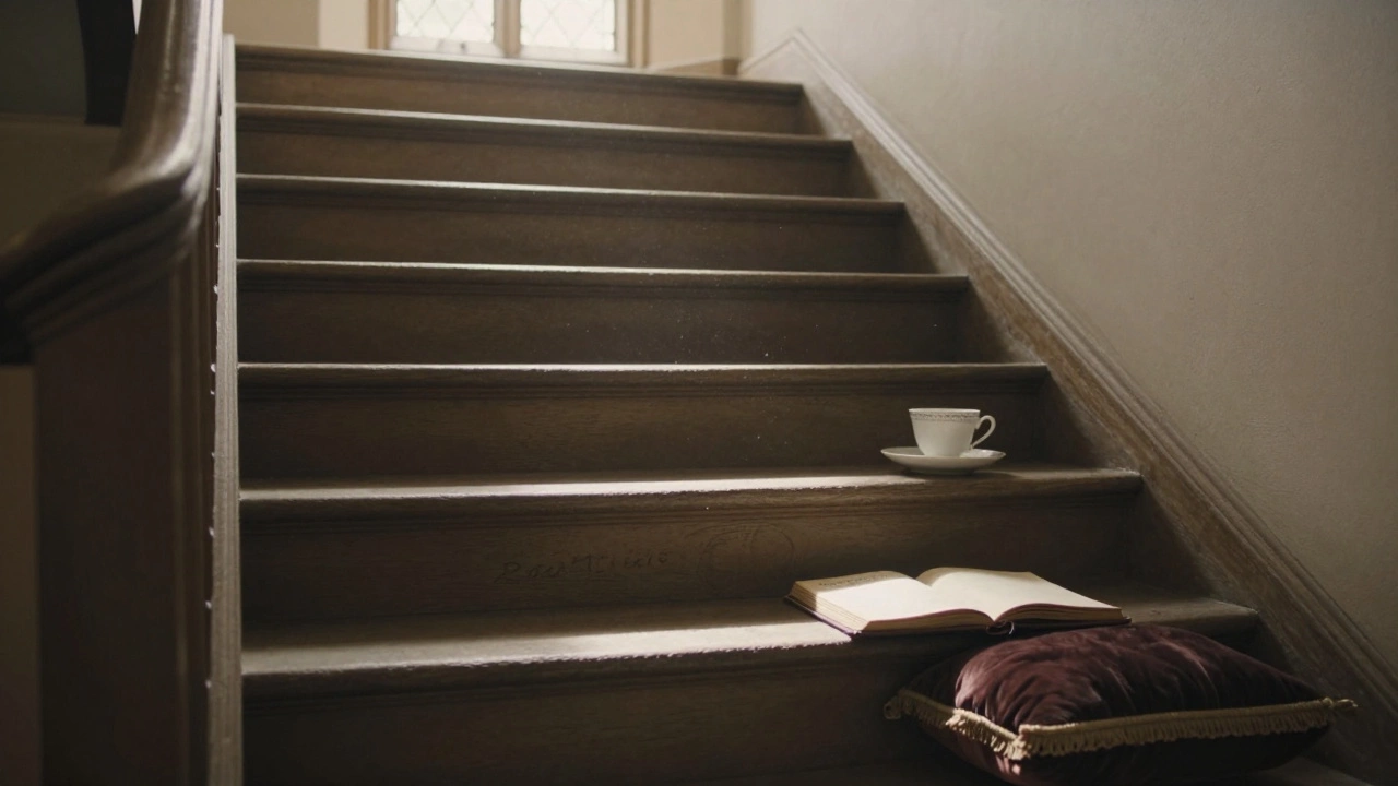 Sunlit historic staircase with open guest register and teacup, evoking quiet legacy