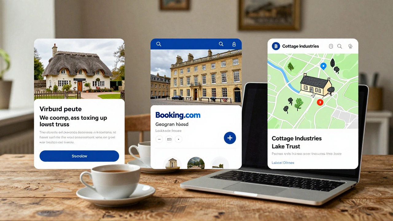 Three UK holiday rental platforms displayed on a wooden table with tea cups, showing cottages, townhouses, and hand-drawn maps.