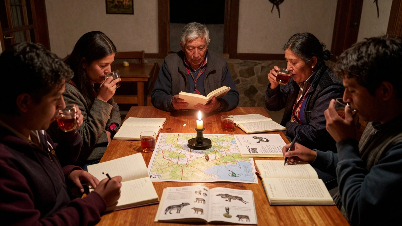 Travelers reading National Geographic field journals by candlelight in a remote Andean guesthouse.