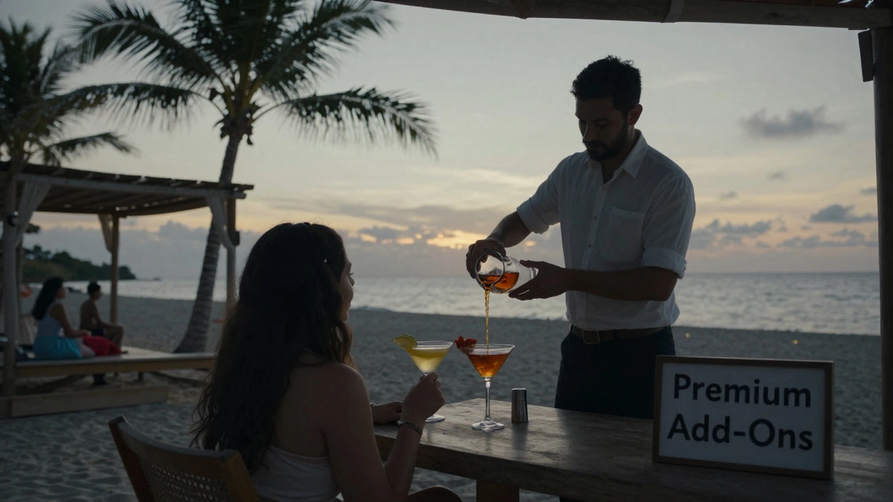 A couple enjoying cocktails at a private beach cabana as the sun sets behind them.
