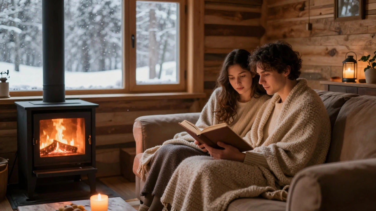 A couple wrapped in blankets reading by candlelight in a rustic cabin, no electronics visible.