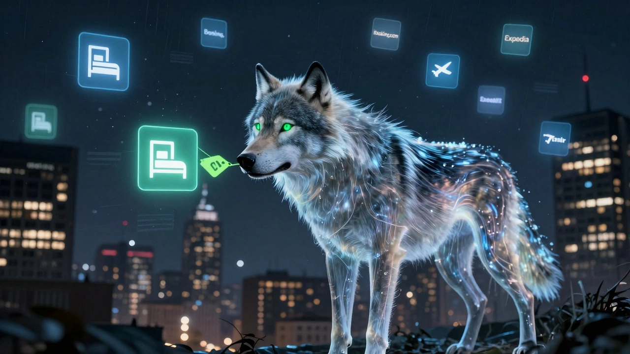 A data-powered wolf made of digital icons sniffing out unsold hotel rooms and flights in a dark cityscape.