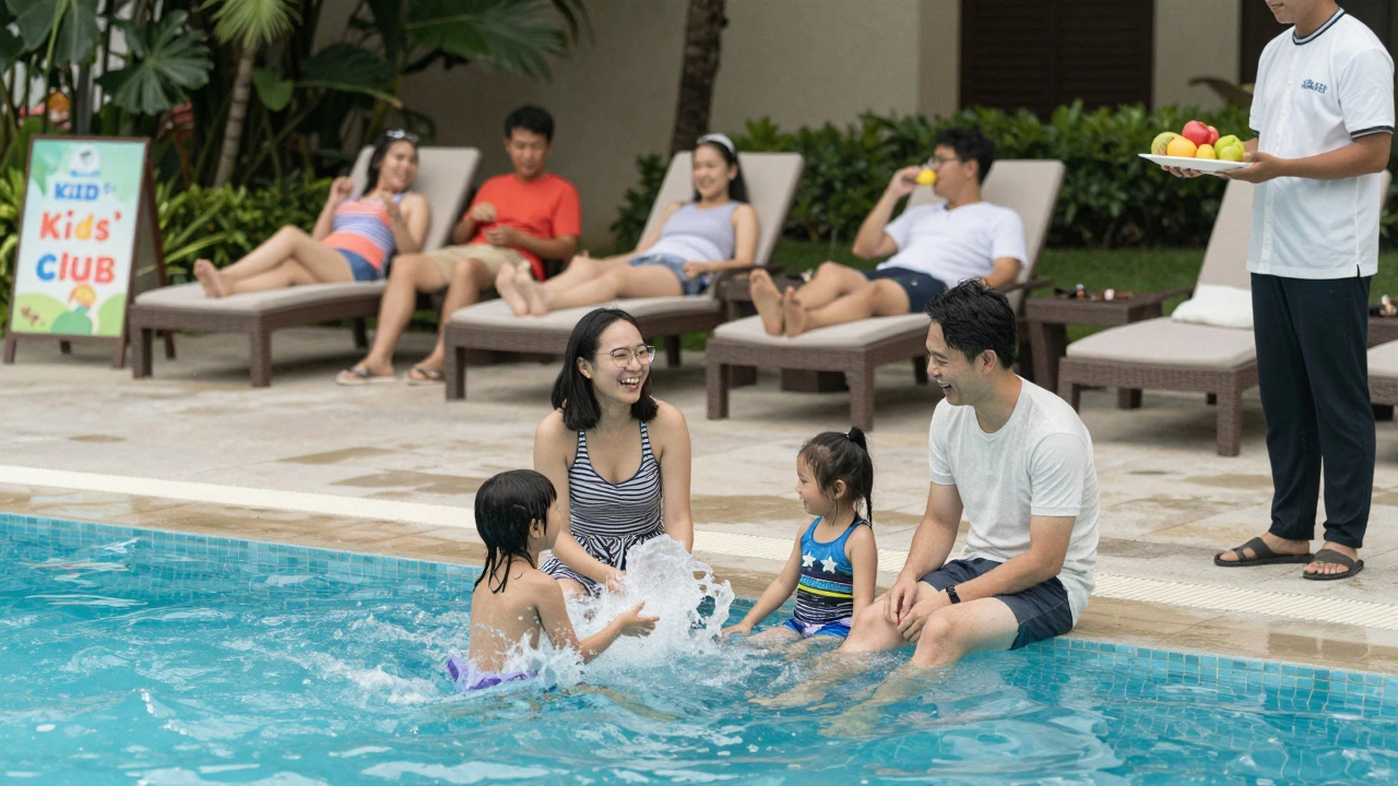 A family enjoying poolside time with kids playing and parents lounging comfortably.