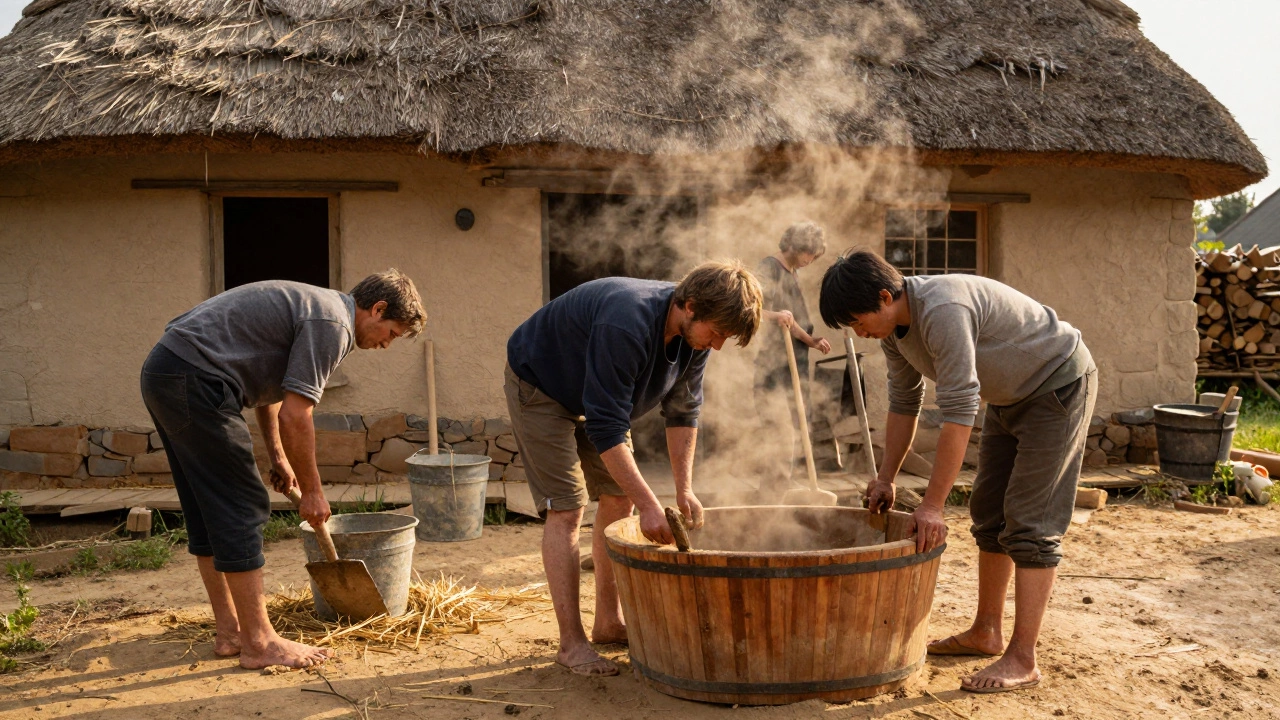 A group of people mixing cob by foot to build walls for an eco-friendly cottage in the Devon countryside.