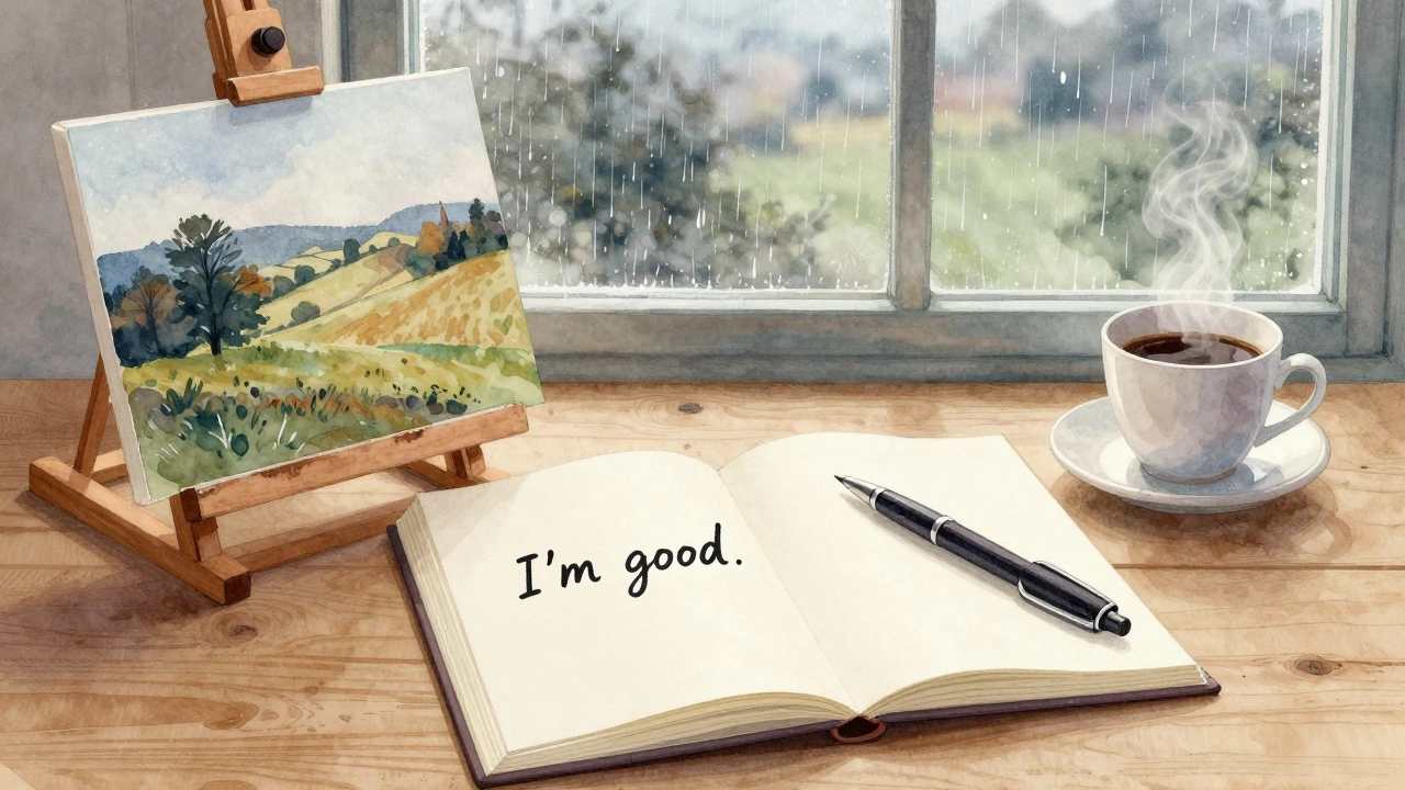 A journal with the words 'I’m good' beside a painting, in quiet solitude.
