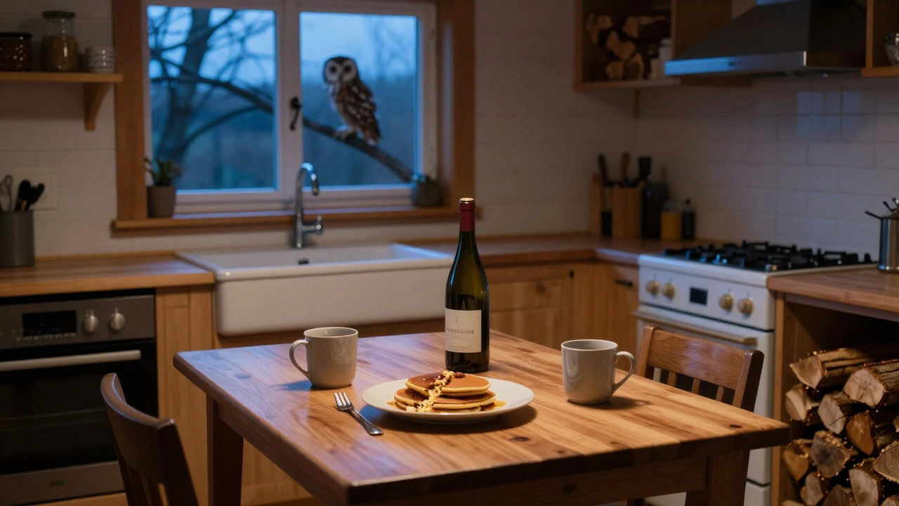 An empty cabin kitchen at twilight set for two, with wine, pancakes, and an owl outside the window.