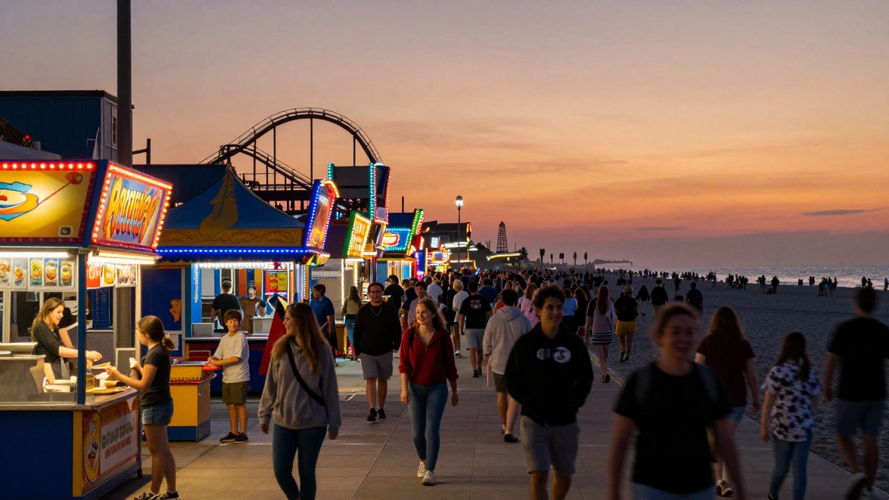 Busy Myrtle Beach boardwalk at sunset with neon lights, amusement rides, and crowds.