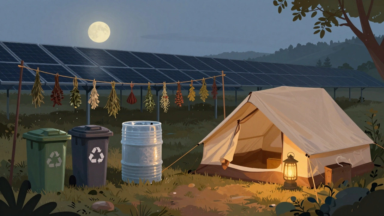 Campsite with recycling bins and rainwater collection barrels near tent.