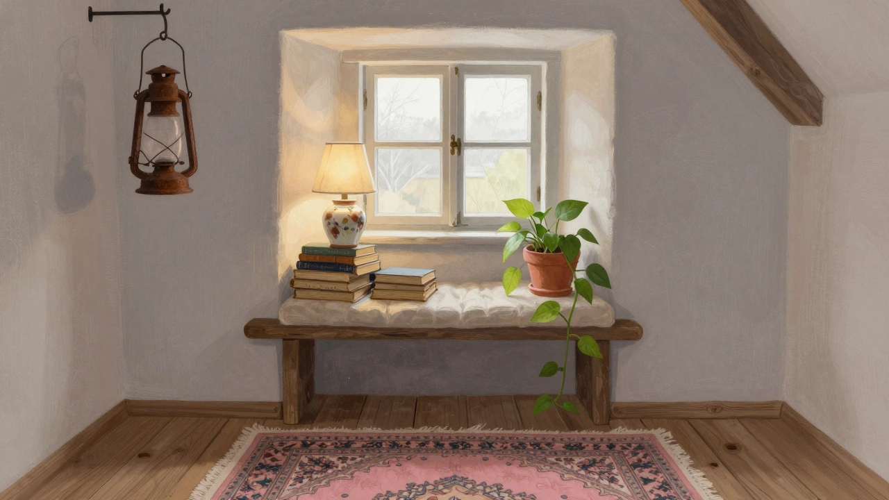 Cozy reading nook under a window with books, ceramic lamp, and leaning pothos.
