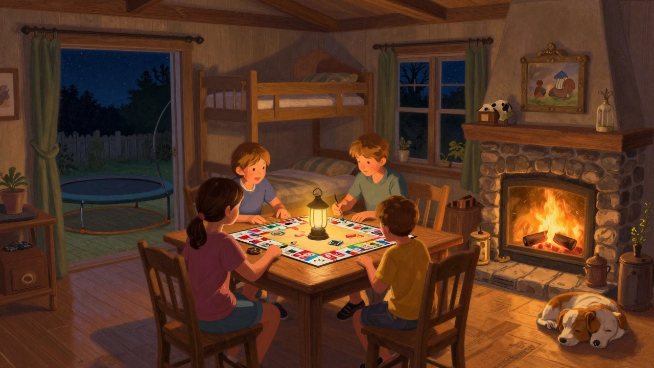 Family playing Monopoly in a cozy cottage by firelight, bunk beds and trampoline visible through the window.