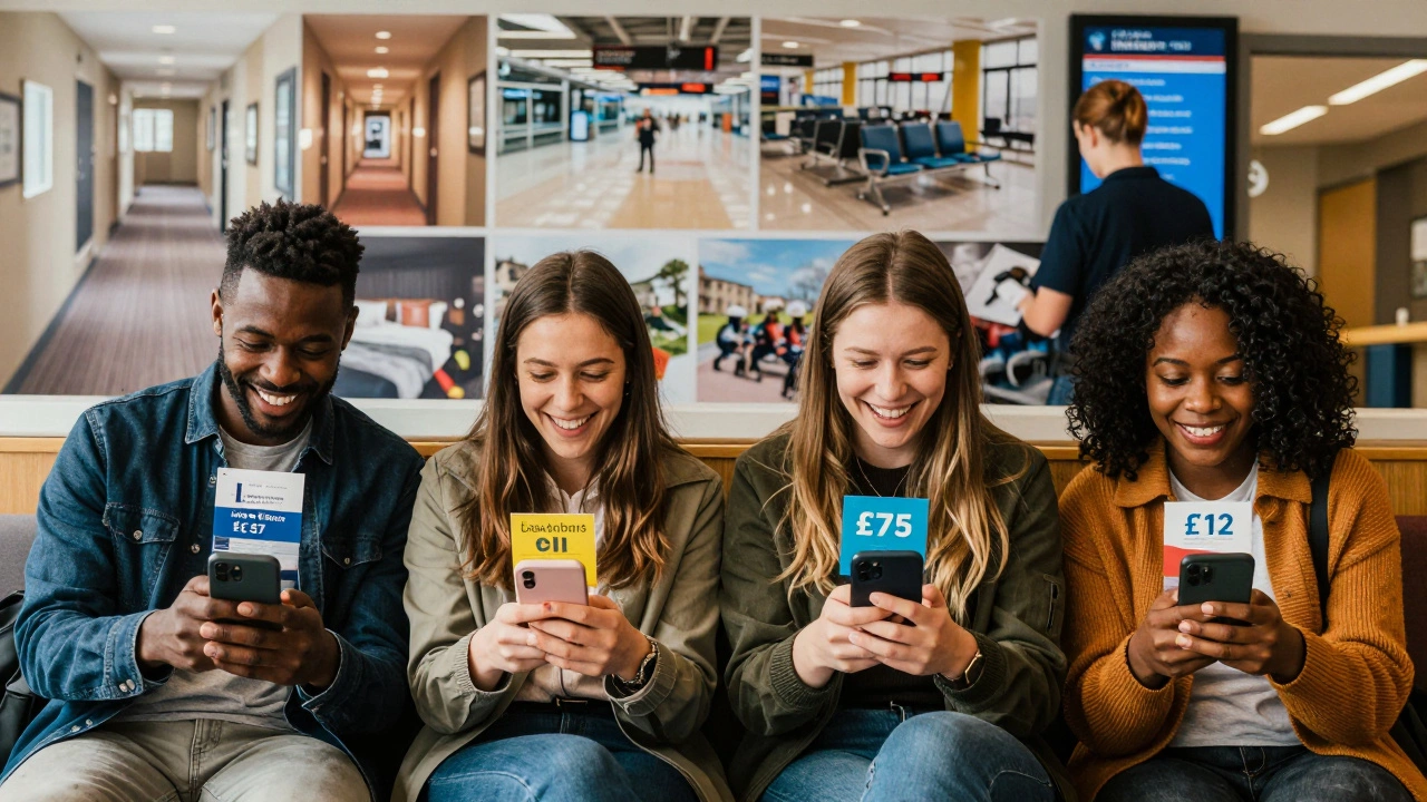 Four people smiling at their phones, each holding a different last-minute travel deal from Holiday Pirate.