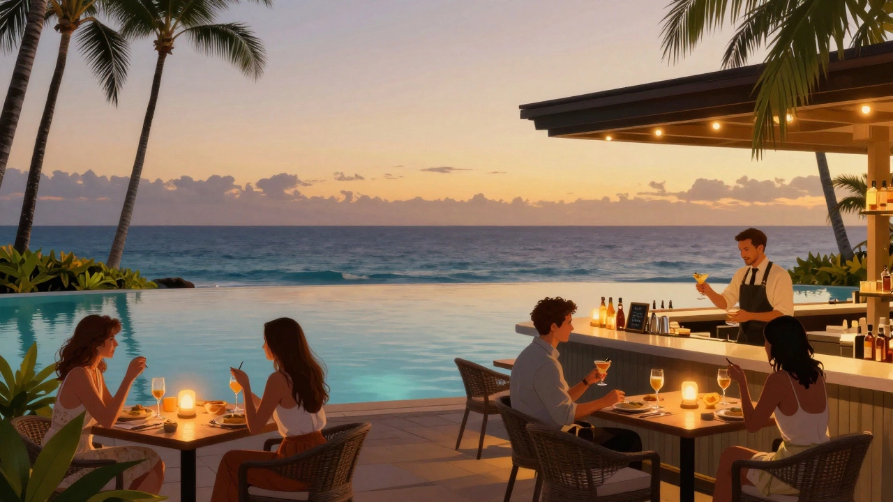 Hawaiian resort pool at dusk with guests dining, but premium cocktails marked as extra behind the bar.
