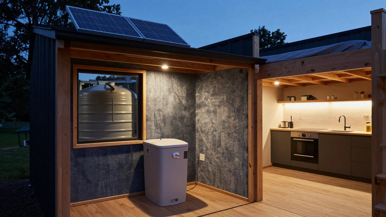 Interior of a minimalist off-grid cottage with solar panel, rainwater tank, composting toilet, and soft LED lighting.