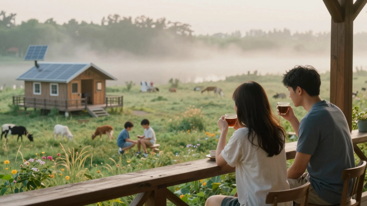 Parents enjoying tea on a balcony at dawn while children play in a field near a solar-powered lodge.