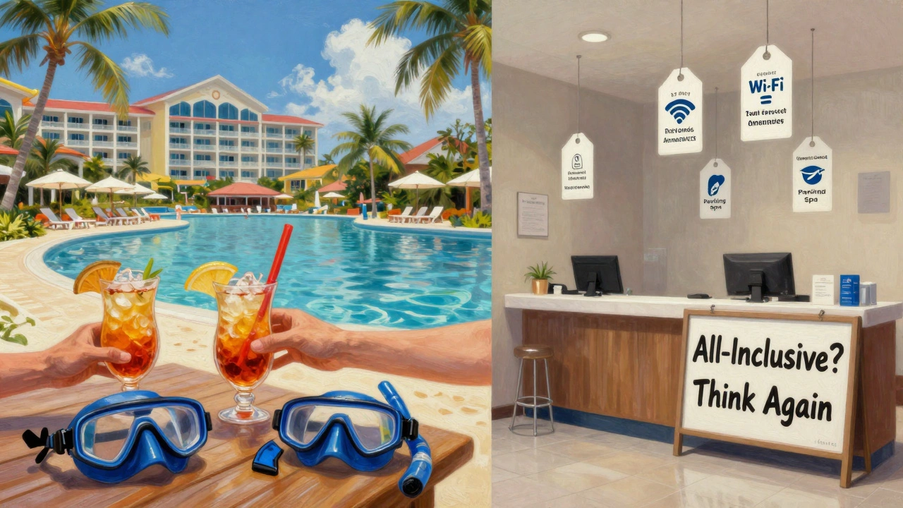 Split scene: Caribbean all-inclusive resort vs. US resort with price tags on every amenity, highlighting hidden costs.