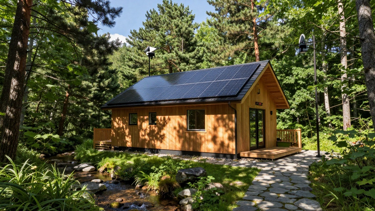 Sustainable wooden eco-cottage with solar panels in lush green forest.