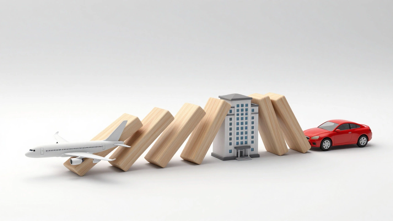 3D isometric illustration of airplane and hotel dominoes falling to show DIY booking risks