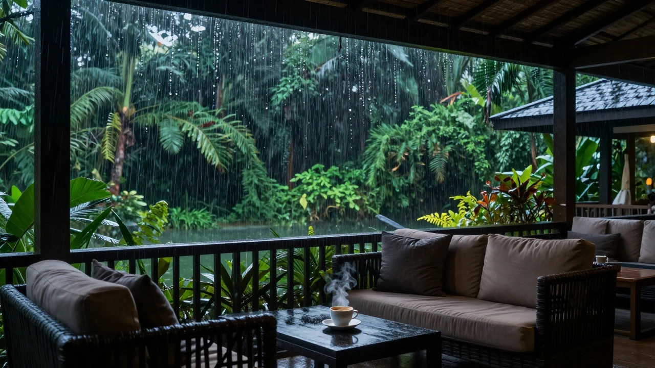 A cozy resort veranda during a tropical rain shower with lush green jungle in the background.