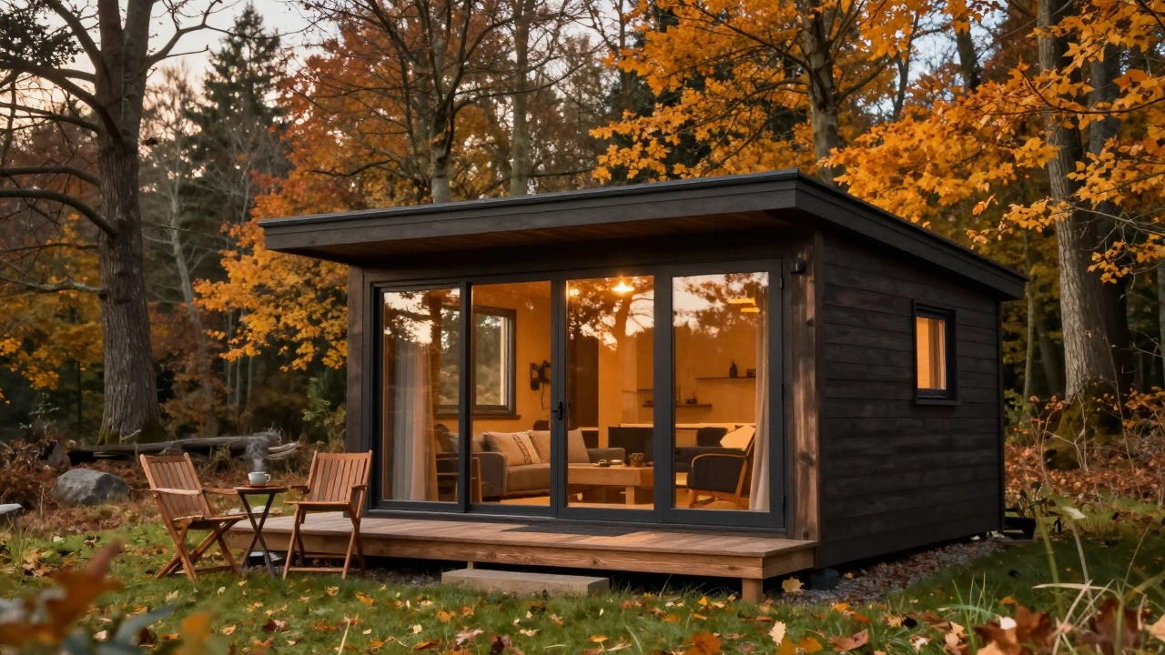 A cozy wooden cottage in a colorful autumn forest with a steaming cup of tea on the porch.