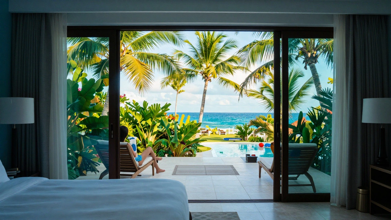 A luxurious hotel room view opening onto a sunny tropical beach landscape in January.