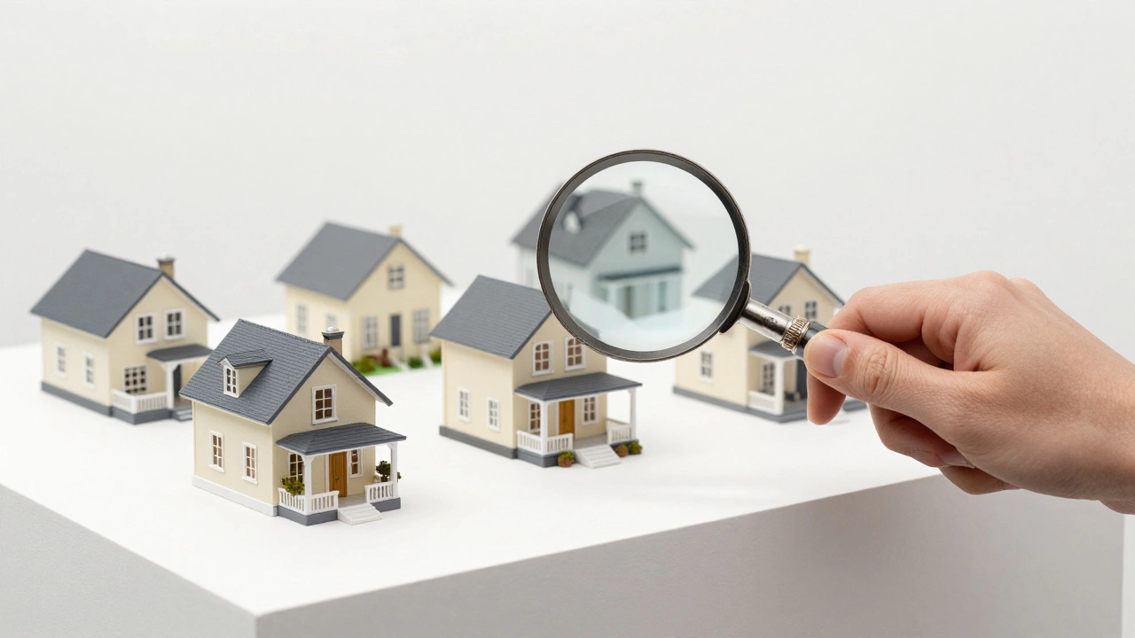 A magnifying glass selecting a few high-end miniature cottages from a group.
