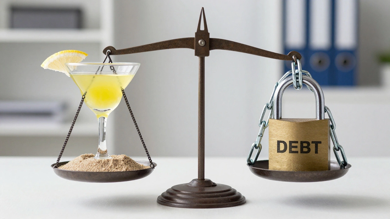 A scale balancing a tropical drink and a heavy metal chain representing debt