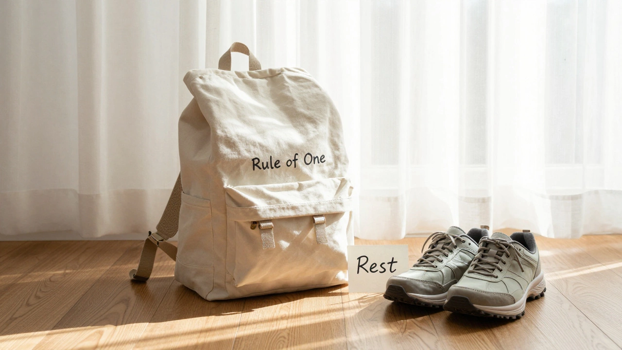 A single travel backpack and walking shoes in a bright, sunlit room, symbolizing a simple trip.
