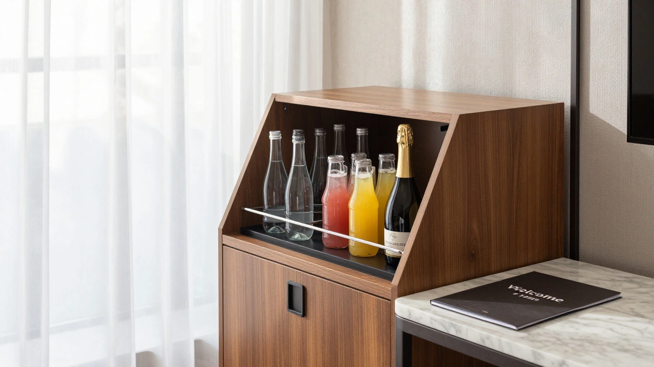 A stocked luxury hotel minibar with bottled water and sparkling wine