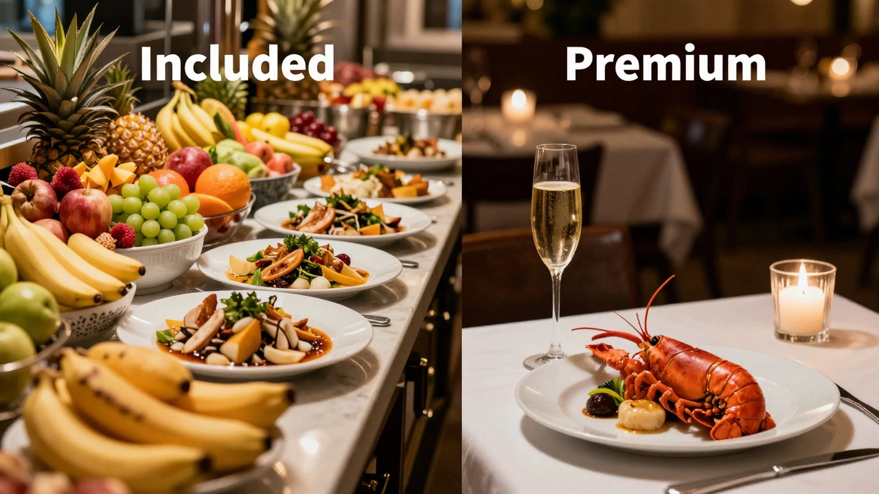Comparison between a bright hotel buffet and a dimly lit premium gourmet restaurant