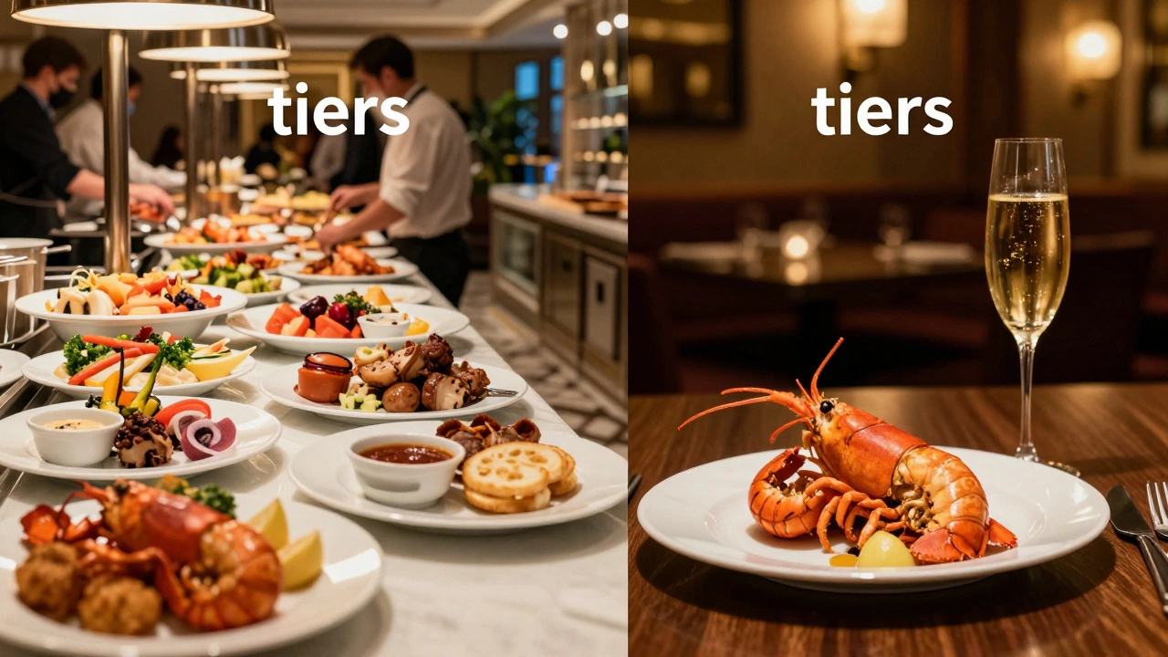 Contrast between a standard hotel buffet and a high-end specialty restaurant