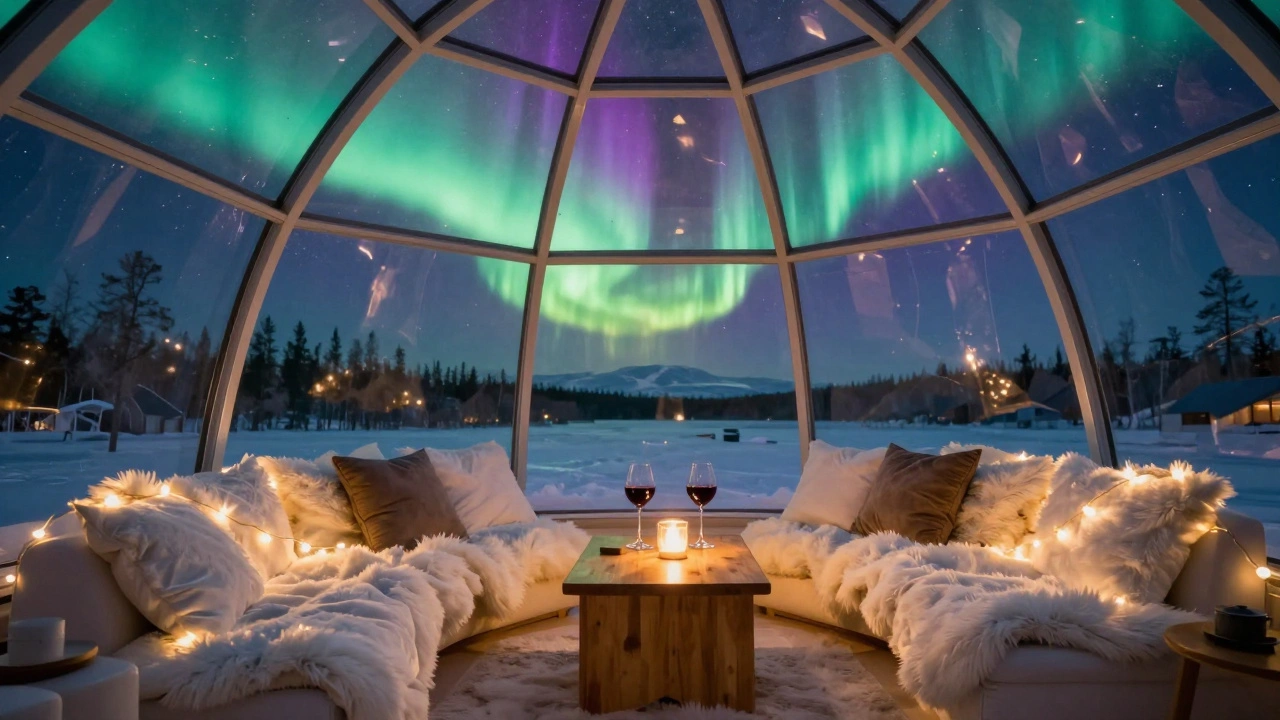 Cozy glass-domed igloo in Finland under a vibrant green and purple northern lights sky