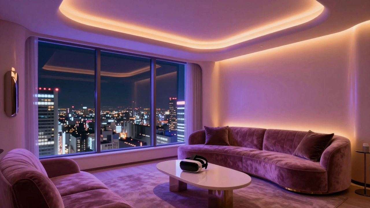 Futuristic themed hotel room with smart lighting and a city view of Osaka at night.