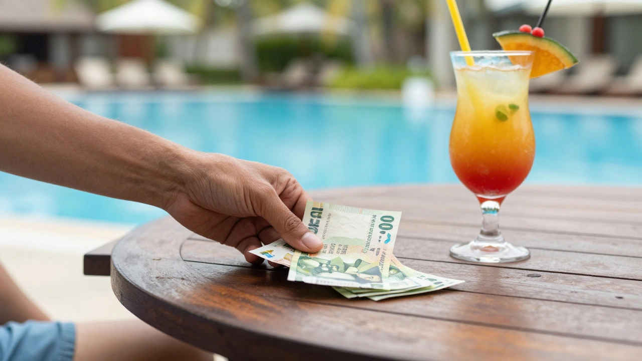 Hand leaving a cash tip next to a cocktail by a resort swimming pool