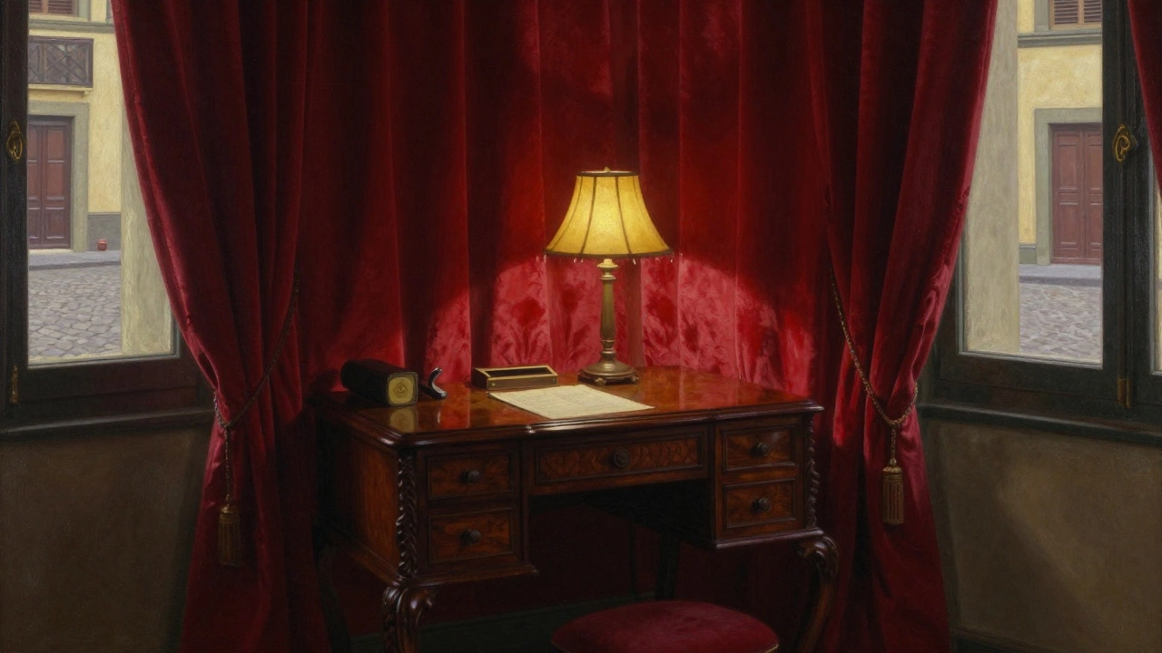 Intimate historic hotel room in Florence with red velvet curtains and antique furniture