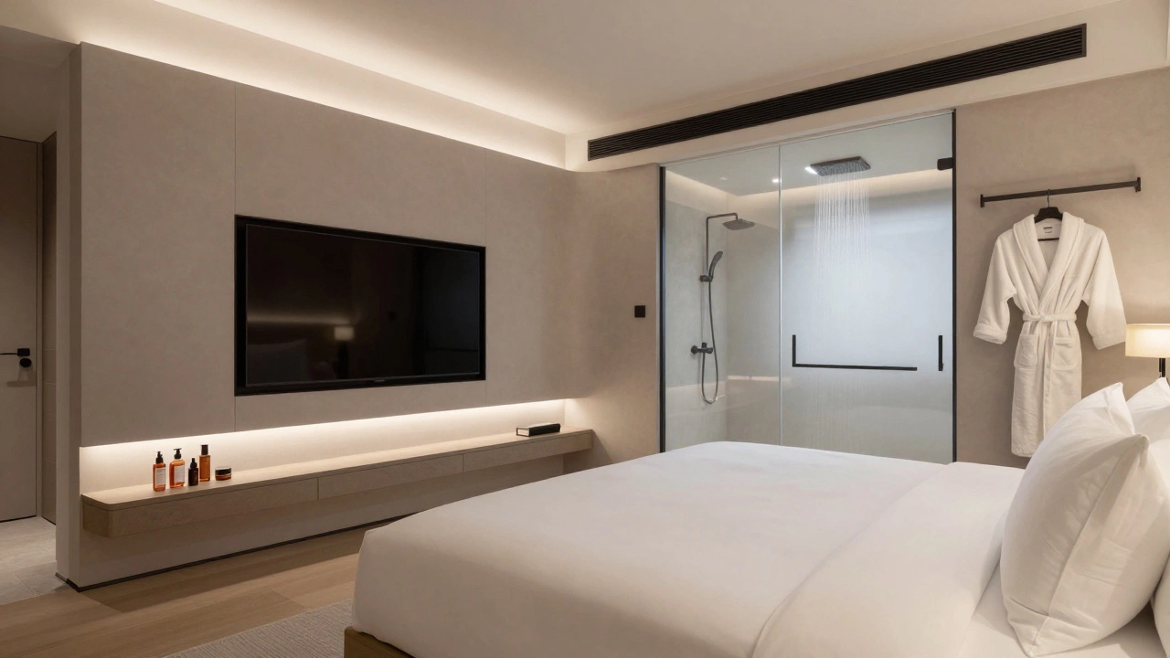 Luxury modern romantic hotel room with minimalist design, large TV, and high-end amenities.