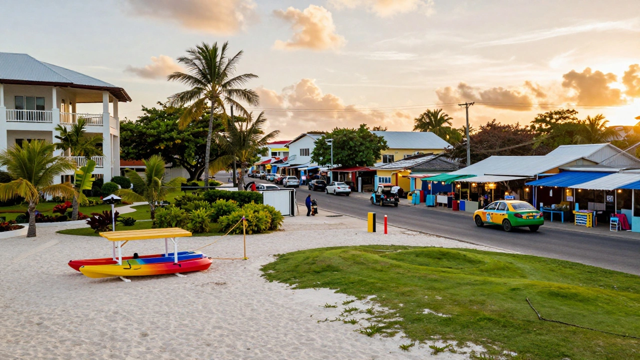 Luxury resort beach with kayaks next to a boundary leading to a local town street