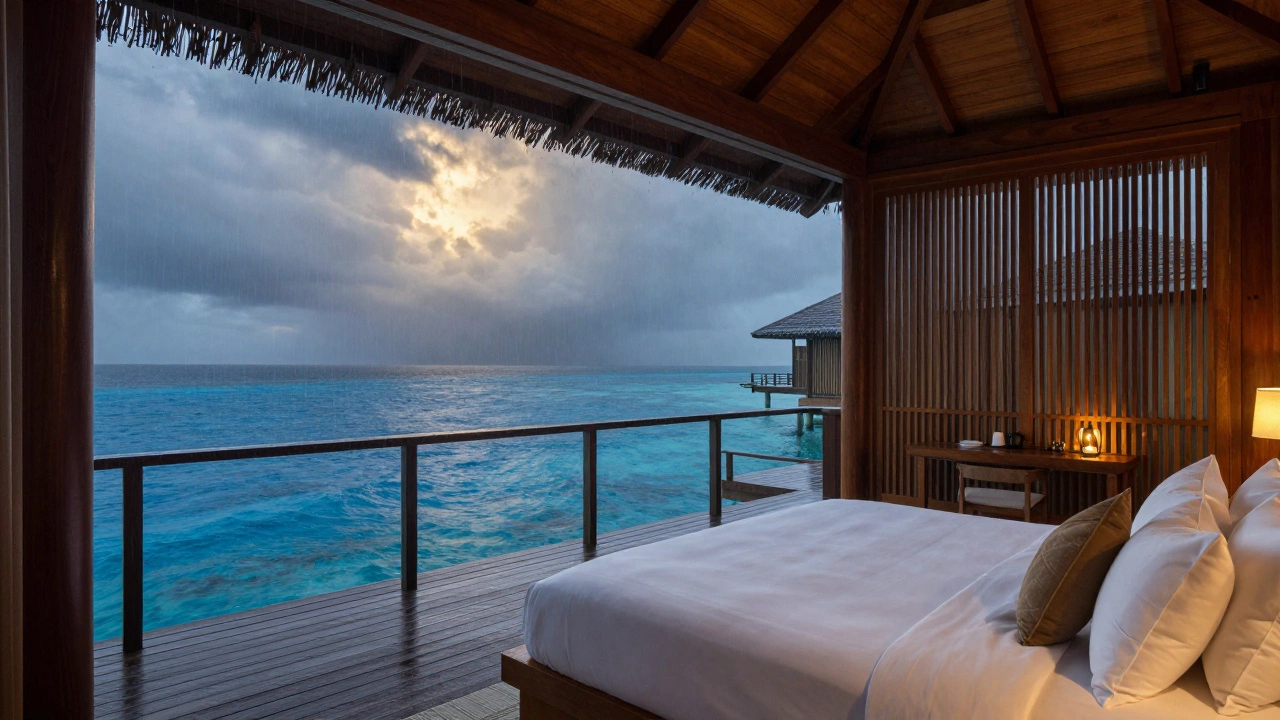 Overwater villa in the Maldives during a light tropical rain shower