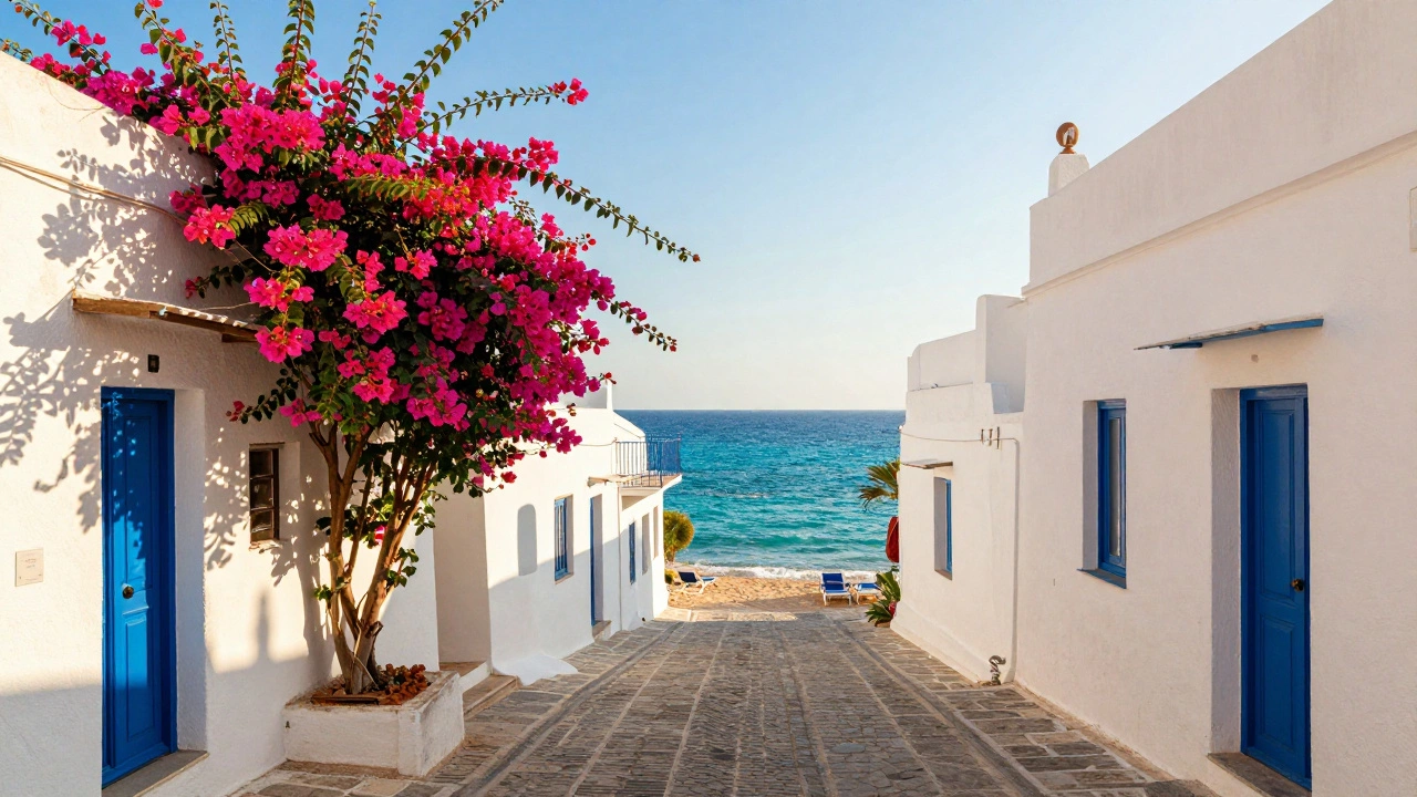 Peaceful Mediterranean coastal village with blue sea and pink flowers in September